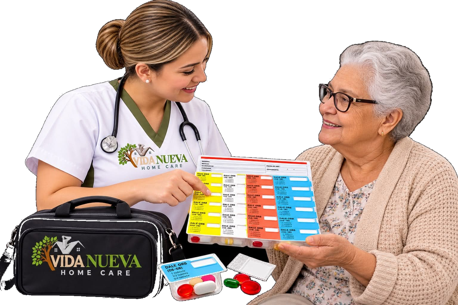Profesional de Vida Nueva orientando a una señora sobre la organización de medicamentos