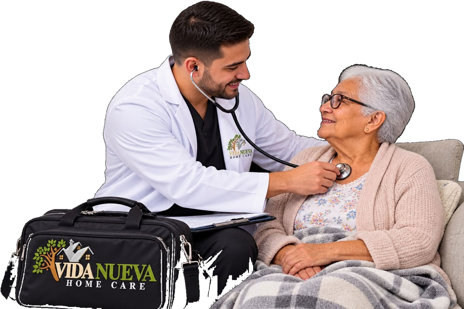Médico de Vida Nueva examinando a una señora con un estetoscopio