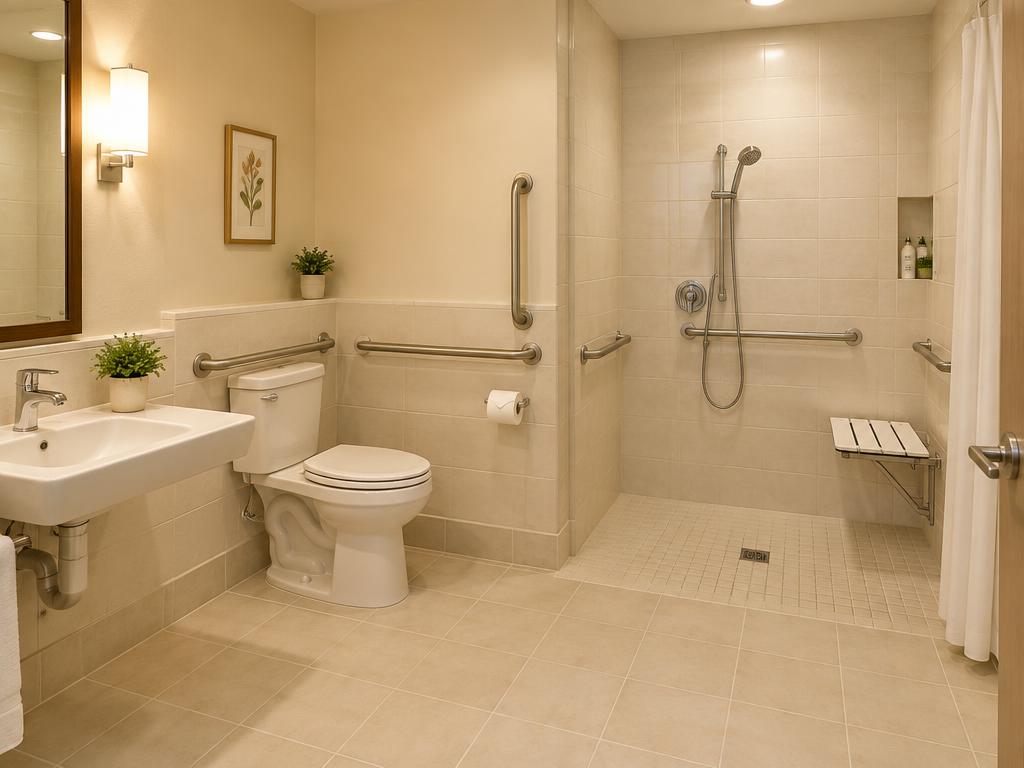 Baño accesible con barras de apoyo y ducha sin barreras