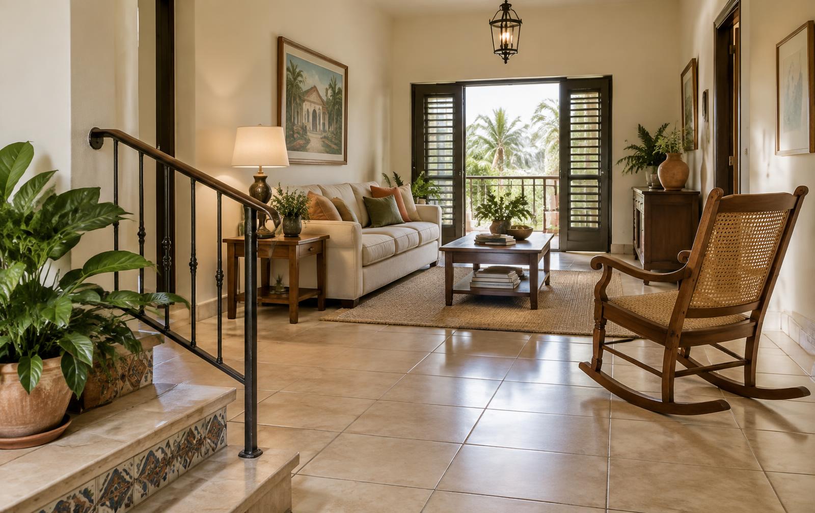 Sala de una casa en Puerto Rico con pasamanos, espacio despejado y luz natural